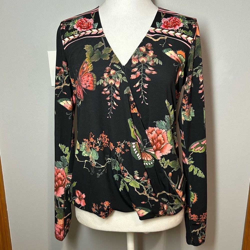 Hale Bob buttery Jersey soft faux wrap top black butterfly size‎ XS